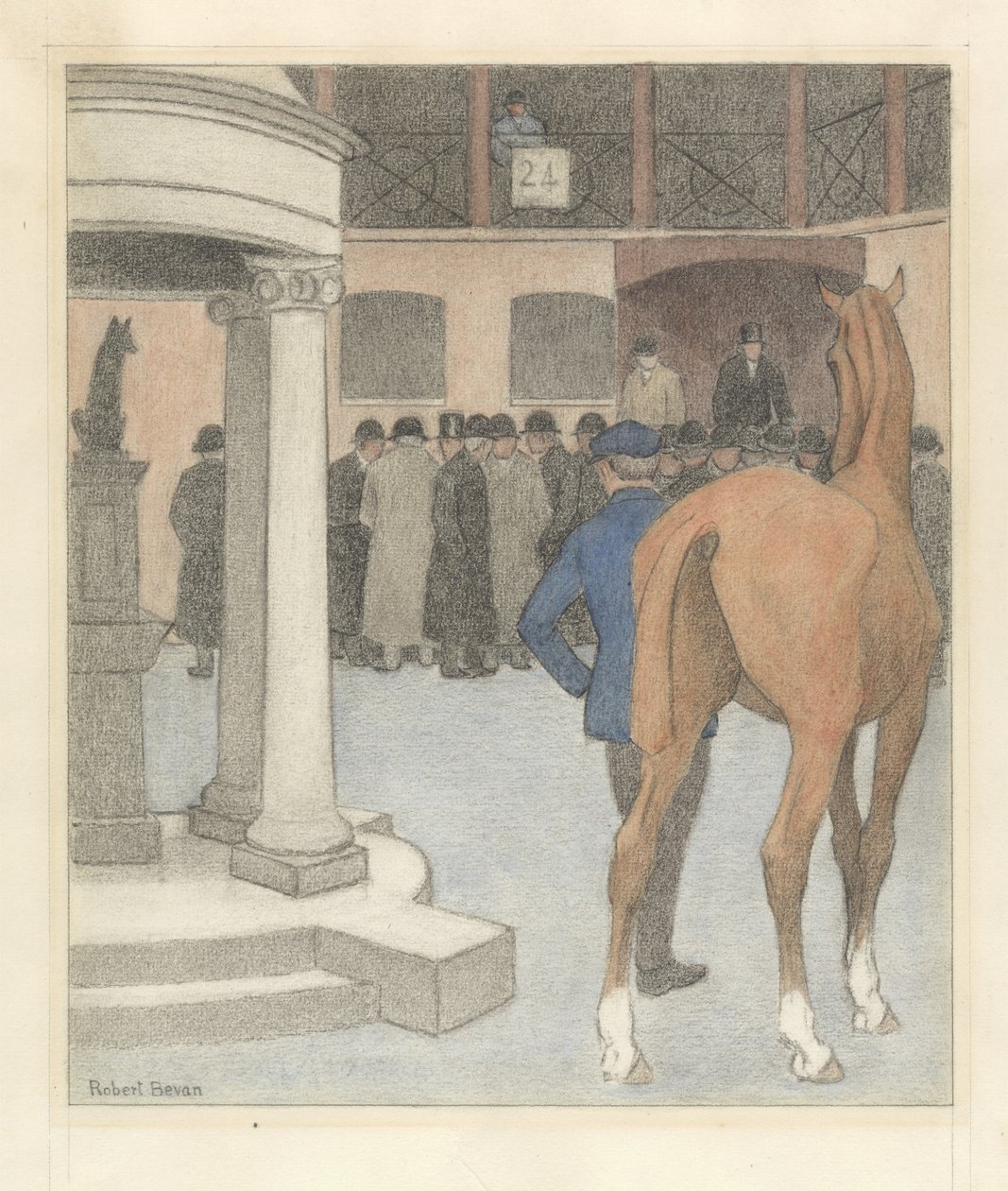 The Bay Horse, Tattersalls, 1921 (fargestift og kritt på papir) av Robert Polhill Bevan