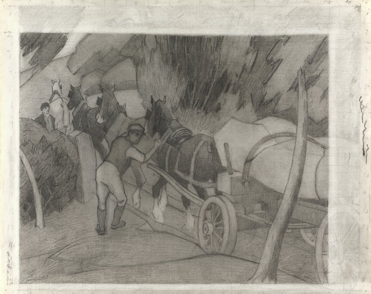 Timber Hauling, ca. 1917 (fargestift på papir) av Robert Polhill Bevan