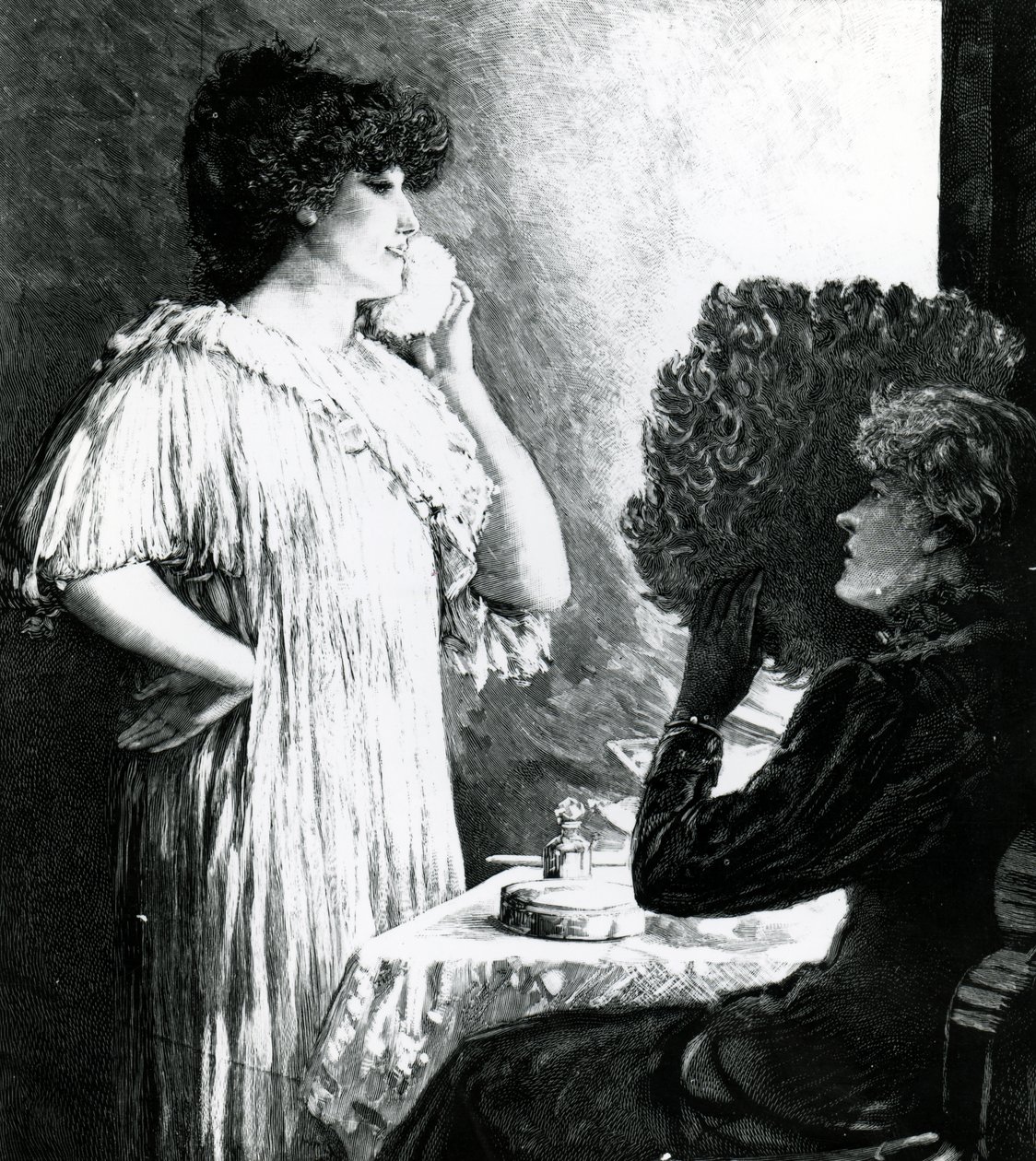 Ellen Terry besøker Sarah Bernhardt i garderoben hennes på Royal English Opera House, ca. 1881 av Robert Ponsonby Staples