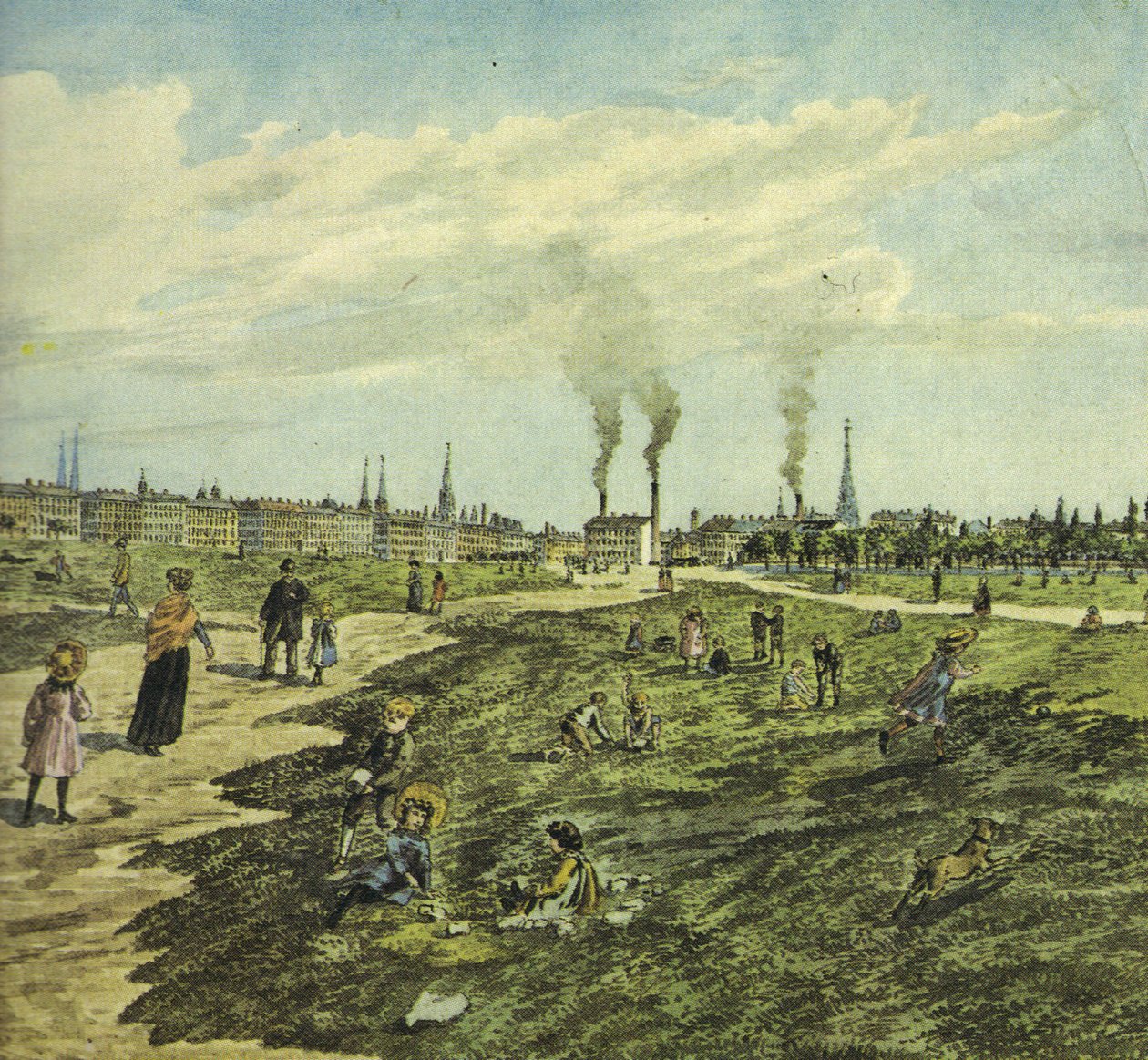 Schmelz som en militær treningsplass og et sted for lek og spasertur. Østre utsikt (seksjon) av Robert Schediwy after painting by M.Neubauer