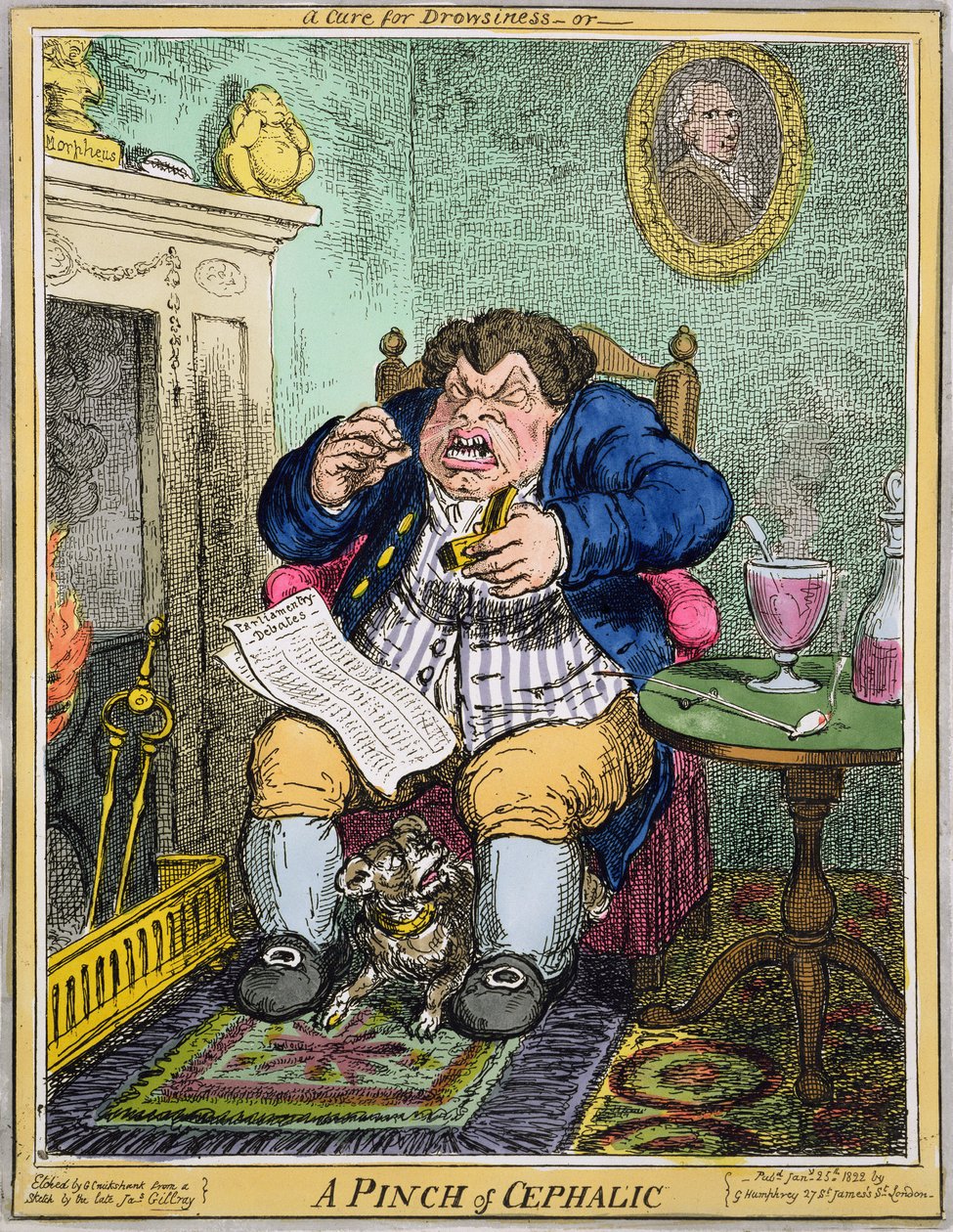 A Cure for Drowsiness or A Pinch of Cephalic, gravert av George Cruikshank (1792-1878), utgitt av G. Humphrey, 25. januar 1822 (farget etsning) av Robert Seymour