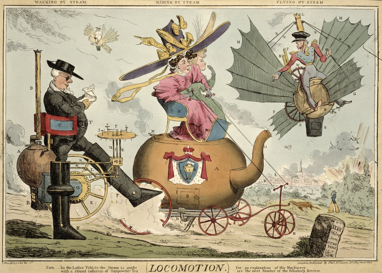 Locomotion - Walking by Steam, Riding by Steam, Flying by Steam, utgitt av Thomas McLean, London (farget etsning) av Robert Seymour