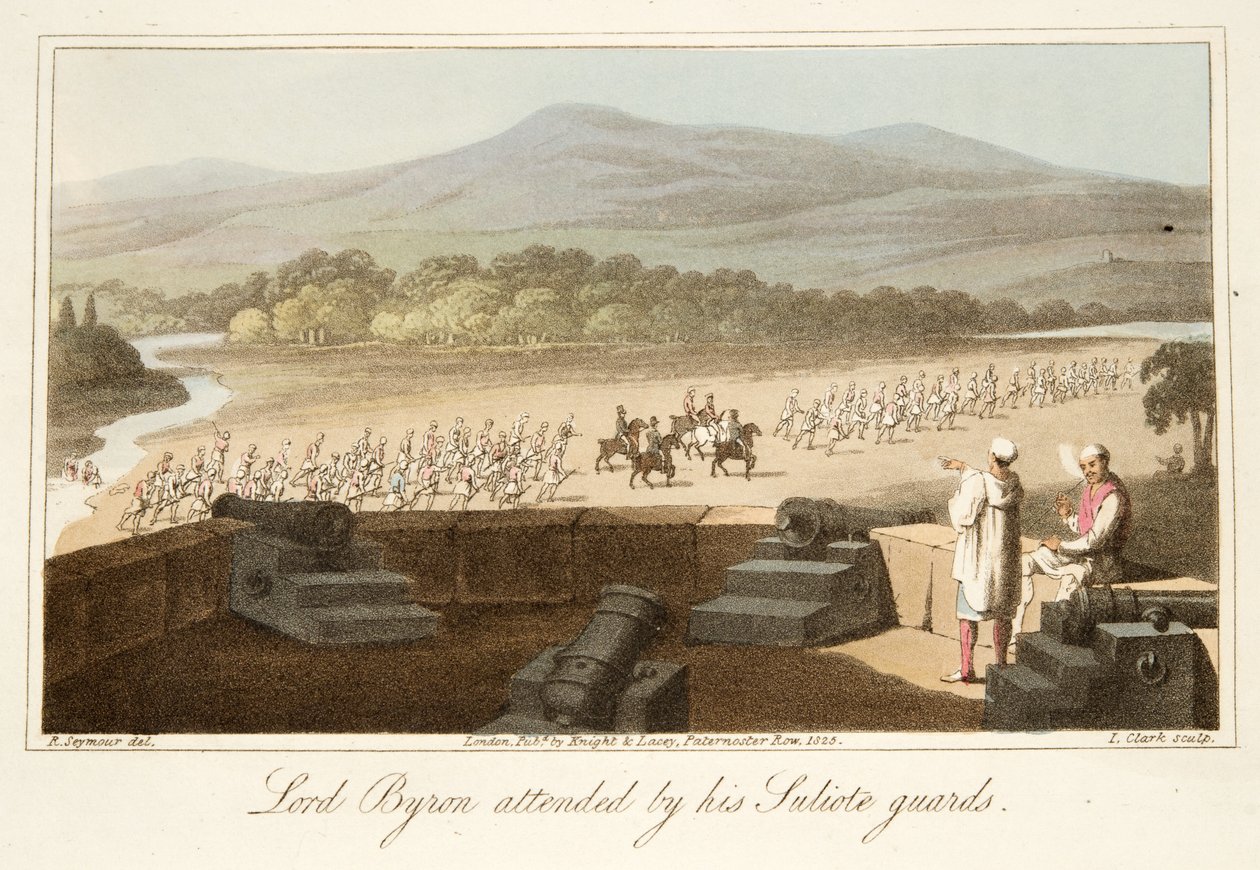 Lord Byron deltok av hans Suliote Guards, fra The Last Days of Lord Byron av William Parry, pub. 1825 (håndfarget gravering) av Robert Seymour