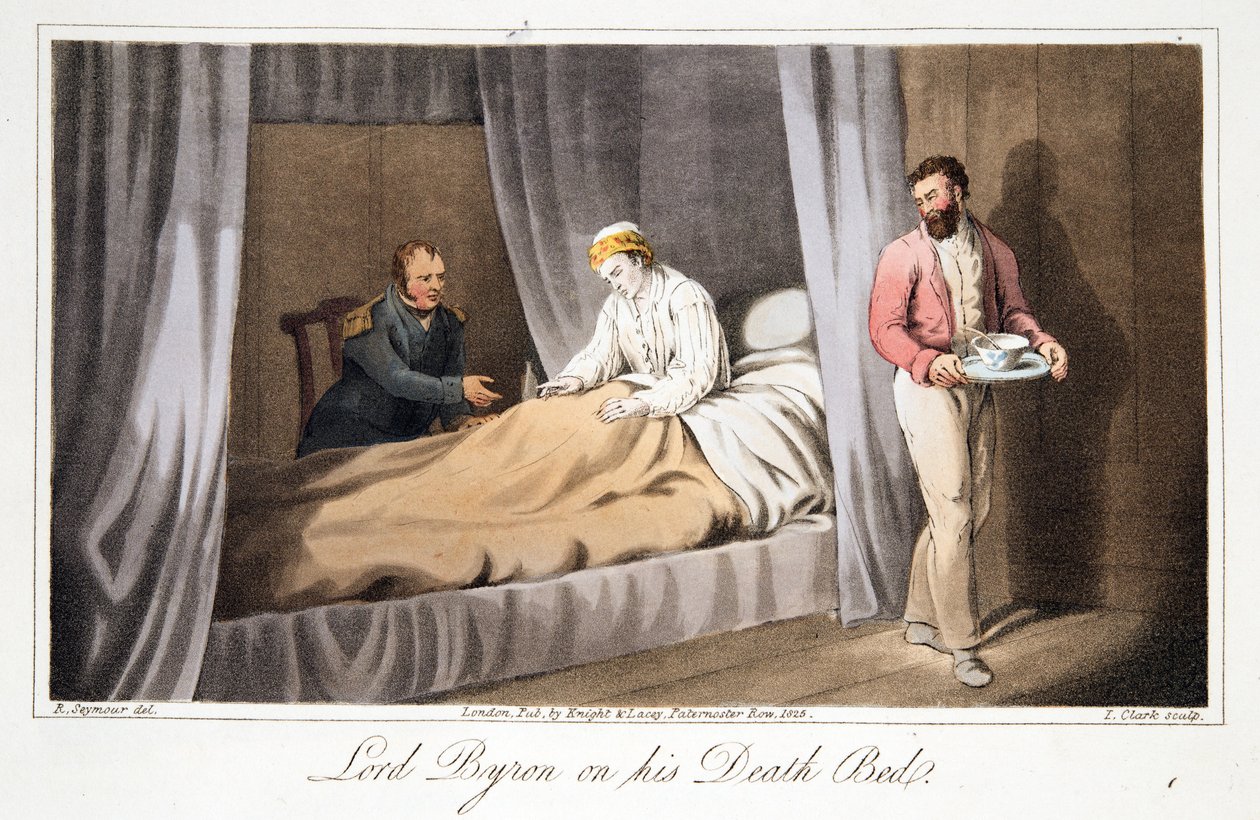 Lord Byron on his Death Bed, fra The Last Days of Lord Byron av William Parry, pub. 1825 (håndfarget gravering) av Robert Seymour