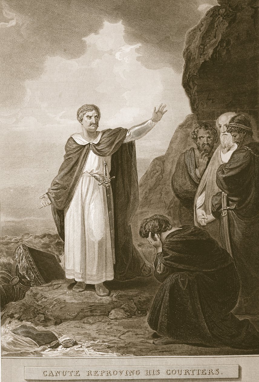 Knud som irettesetter sine hoffmenn, gravert av G. Noble, illustrasjon fra David Humes 