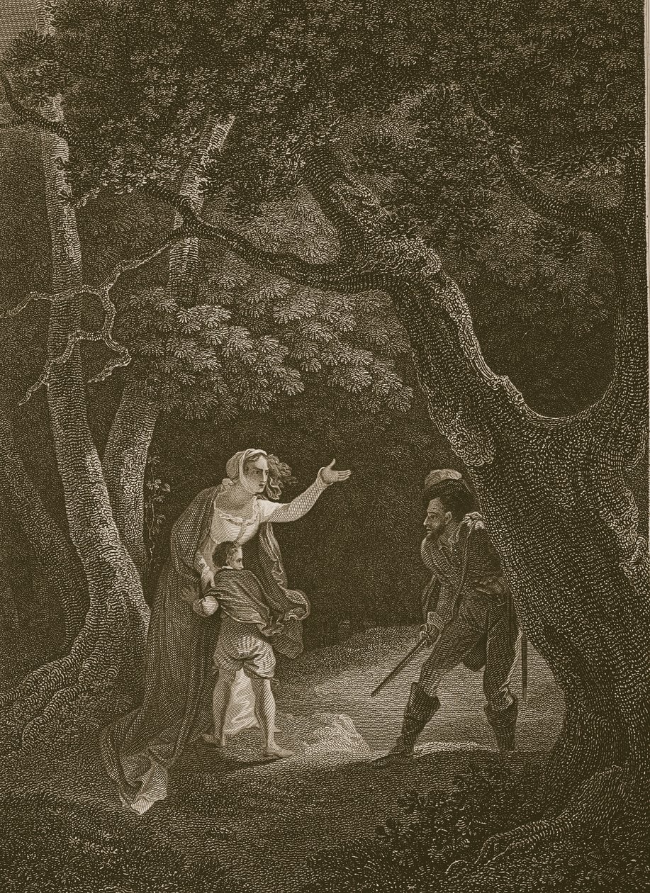 Dronning Margaret angrepet av røveren, gravert av J. Landseer, illustrasjon fra David Humes 