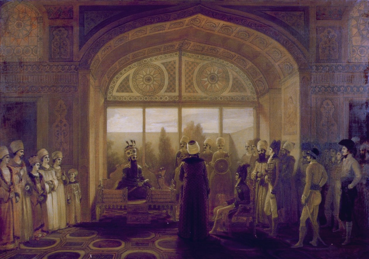 Shah Fath Ali, sjah av Persia (1797-1835) mottar Sir Harford Jones i publikum av Robert Smirke