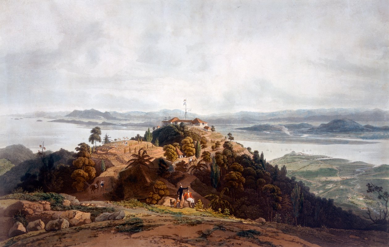 Panoramaskisse av Prince of Wales Island av William Daniell, ca. 1817 99:Penang; Pooloo Pinang; Malaysia; malaysisk landskap; c19.; British East India Company; militær post; hei av Robert Smith