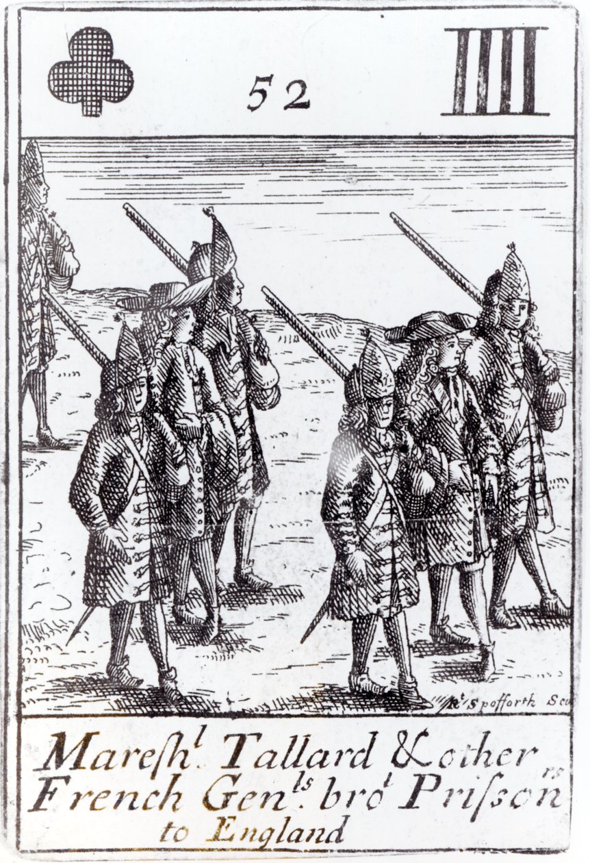 Marshal Tallard og andre franske generaler brakte fanger til England, fire av klubbene spilte kort fra et sett til minne om den spanske arvefølgekrigen (1702-13) av Robert Spofforth