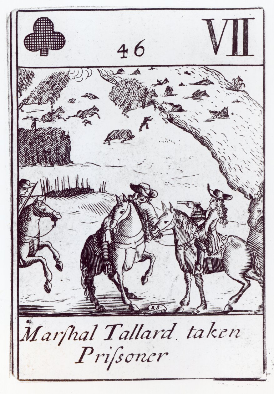 Marshal Tallard tatt til fange, syv av klubbene som spilte kort fra et sett til minne om den spanske arvefølgekrigen (1702-13) av Robert Spofforth