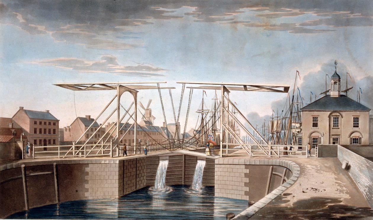 Bascule Bridge og New Docks ved Kingston-upon-Hull, Yorkshire, 1786 (farget akvatint) av Robert Thew