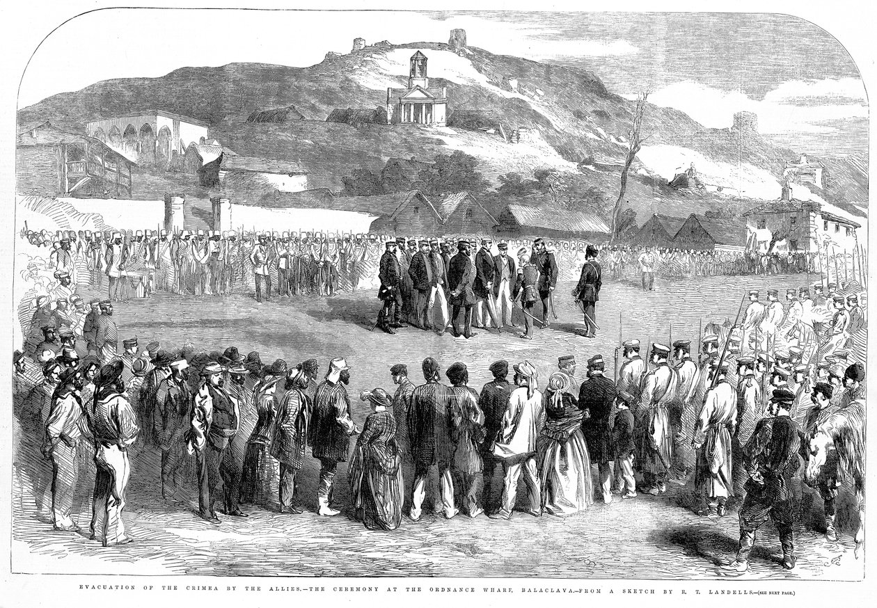 Evakuering av Krim av de allierte, seremonien ved Ordinance Wharf, Balaclava, fra Illustrated London News, 30. august 1856 av Robert Thomas Landells