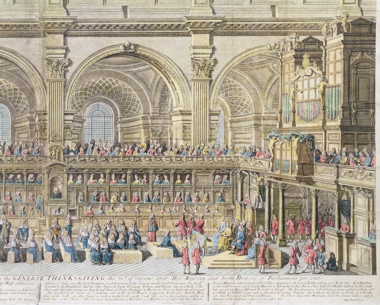 Et prospekt av koret til St. Pauls katedralkirke, på den generelle høsttakkefesten, 31. desember 1706. Hennes Majestet og begge parlamentets hus til stede (håndfarget gravering) (detalj av Robert Trevett