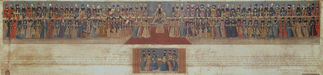The Court of Fath Ali, Shah of Persia, ca. 1799, med utenlandske ambassadører inkludert Sir Harford Jones og Sir John Malcolm (1769-1833) av Robert the Younger Havell
