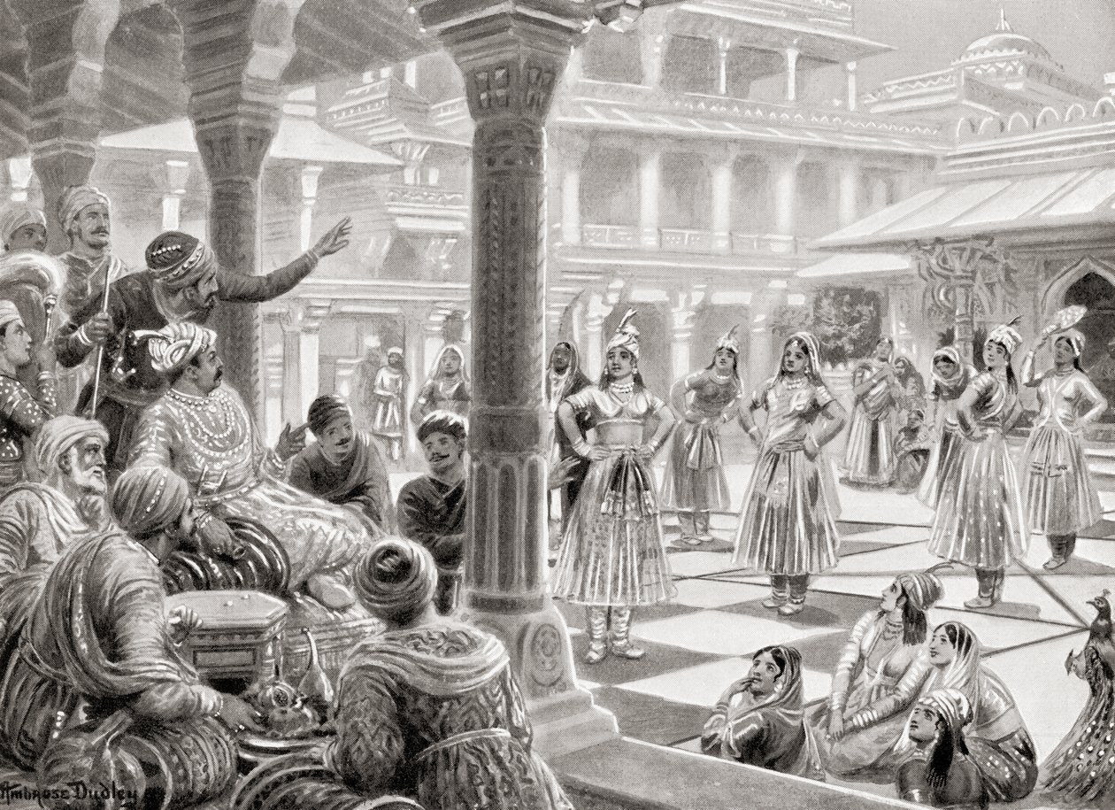 Akbar spiller pachisi eller chaupur med levende stykker på Fatehpur Sikri i 1575, fra Hutchinson