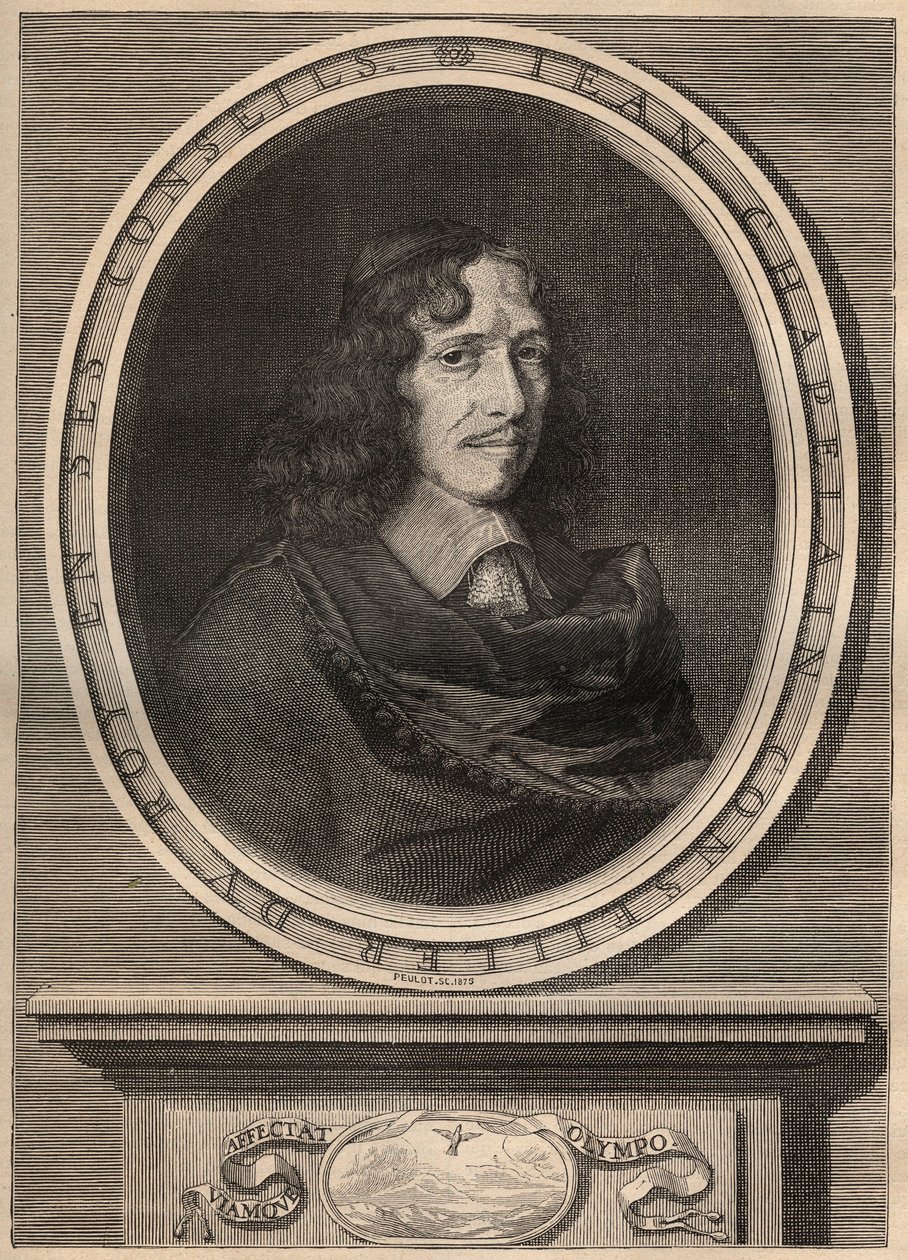 Portrett av Jean Chapelain (1595-1674), fransk poet - Gravering - Jean Chapelain (1595-1674) Fransk poet og litteraturkritiker - Gravering av Nanteuuil et grave par Peulot. av Robert (after) Nanteuil