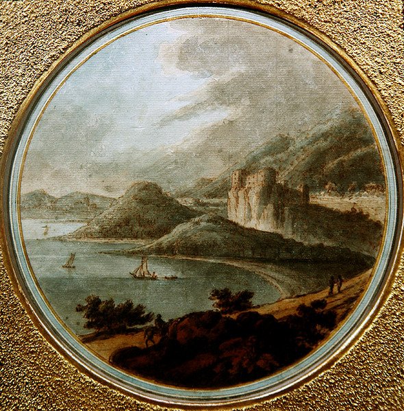 Slott over en havbukt med skip, ca. 1775 (penn og blekk med akvarell på papir) av Robert (attr. to) Adam