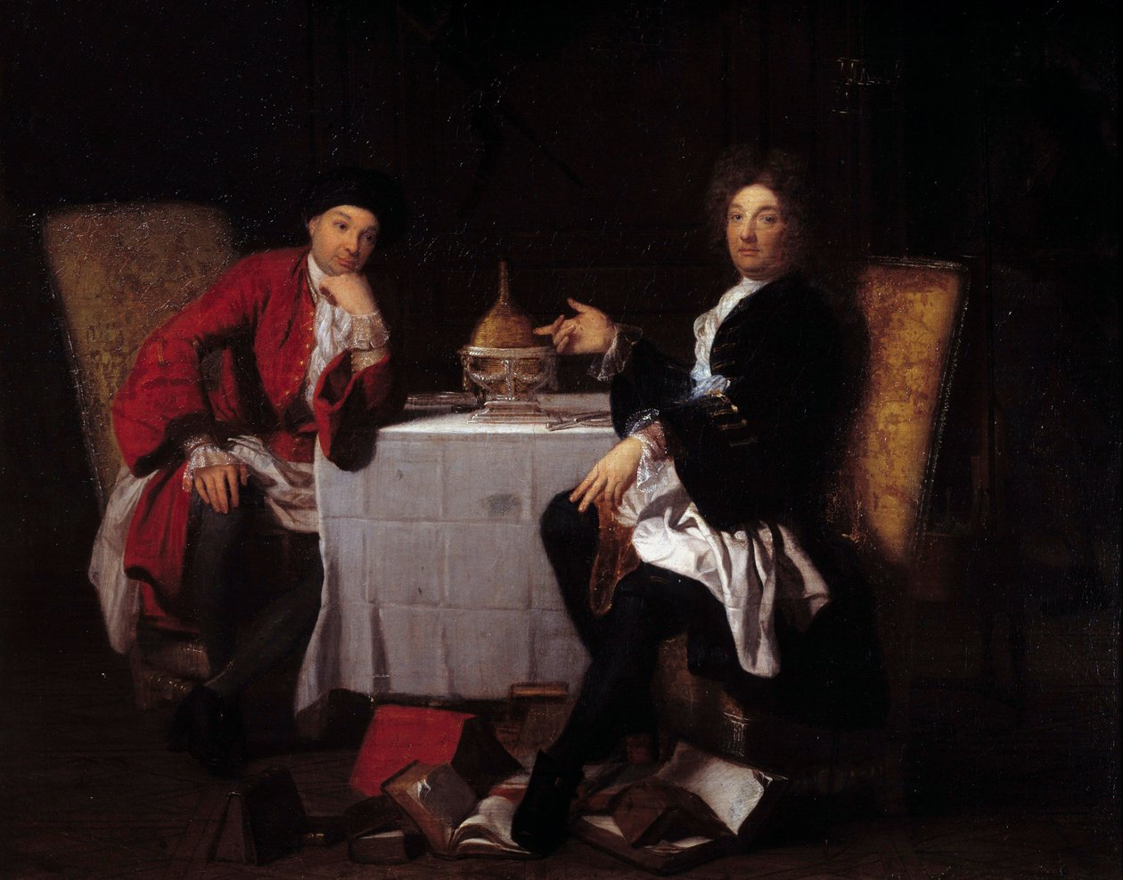 To epikurere To filosofer snakker til et bord. Maleri tilskrevet Robert Tournieres (1668-1752) Caen fra 1700-tallet, musee des Beaux Arts av Robert (attr. to) Tournieres