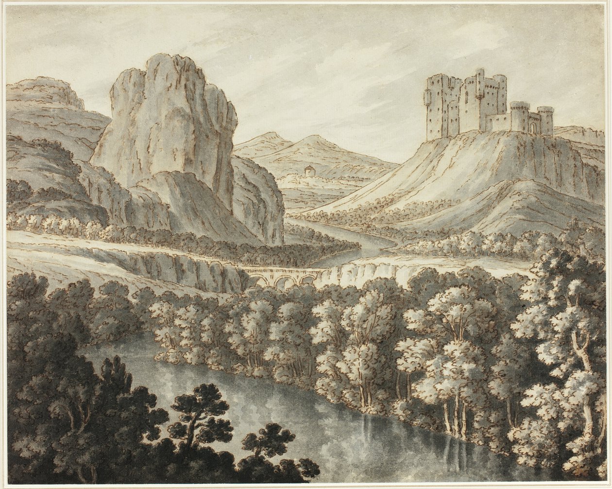 Et romantisk landskap med et ødelagt slott av Robert Adam