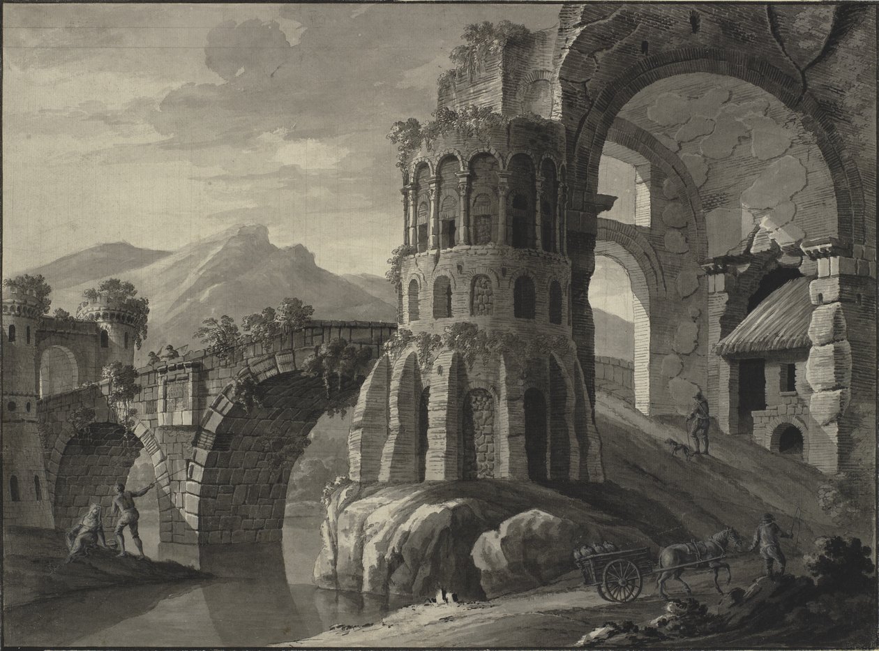 Arkitektonisk fantasi. Ruin av antikk bro, flankert av middelaldertårn av Robert Adam