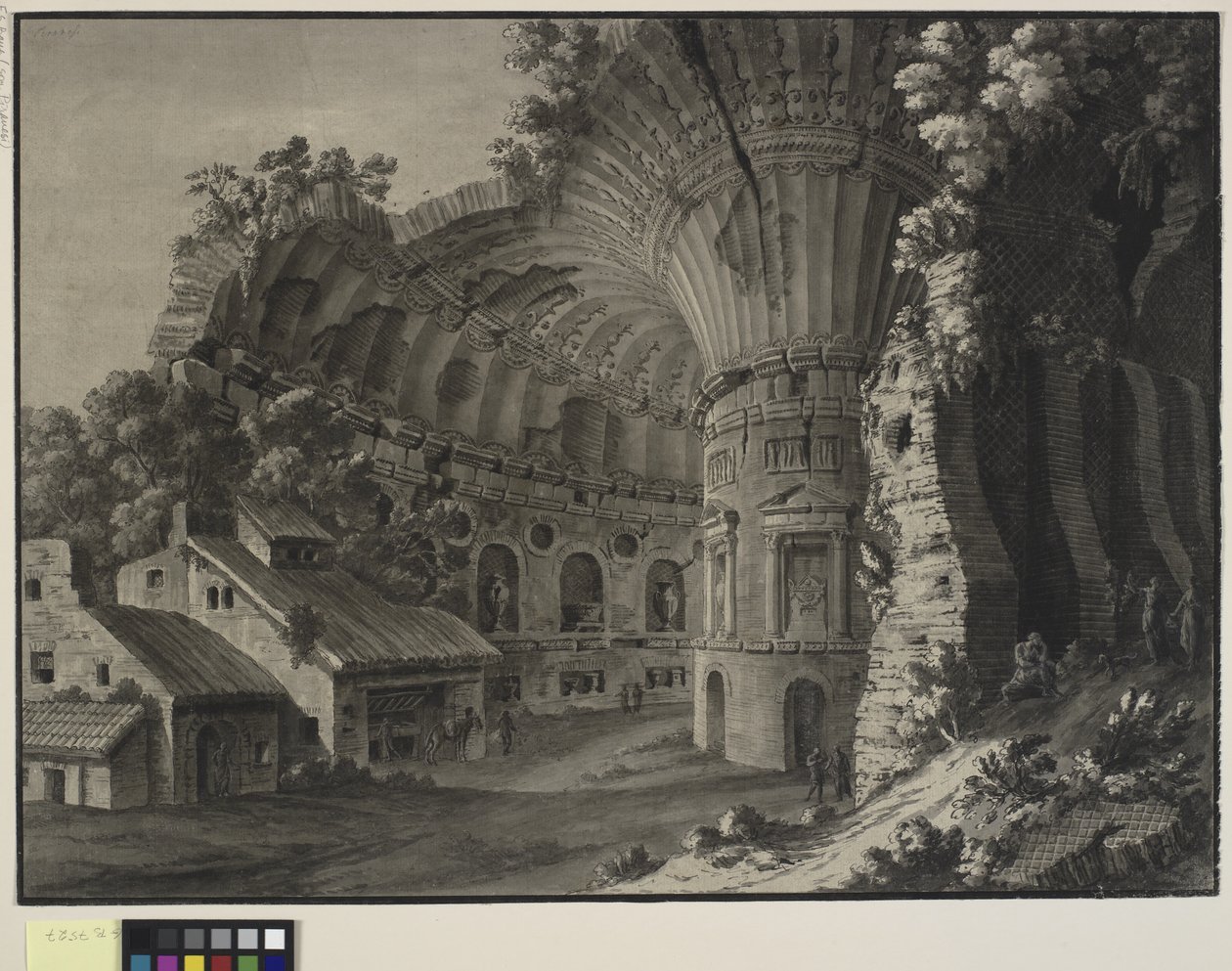 Arkitektonisk fantasi. Innsiden av en ruin av en rotunde med et gigantisk hvelv av Robert Adam