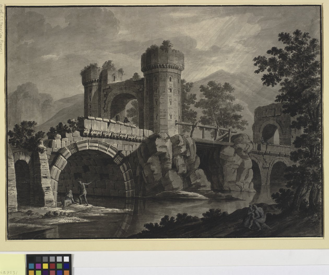 Arkitektonisk fantasi om en ødelagt bro i et landskap av Robert Adam