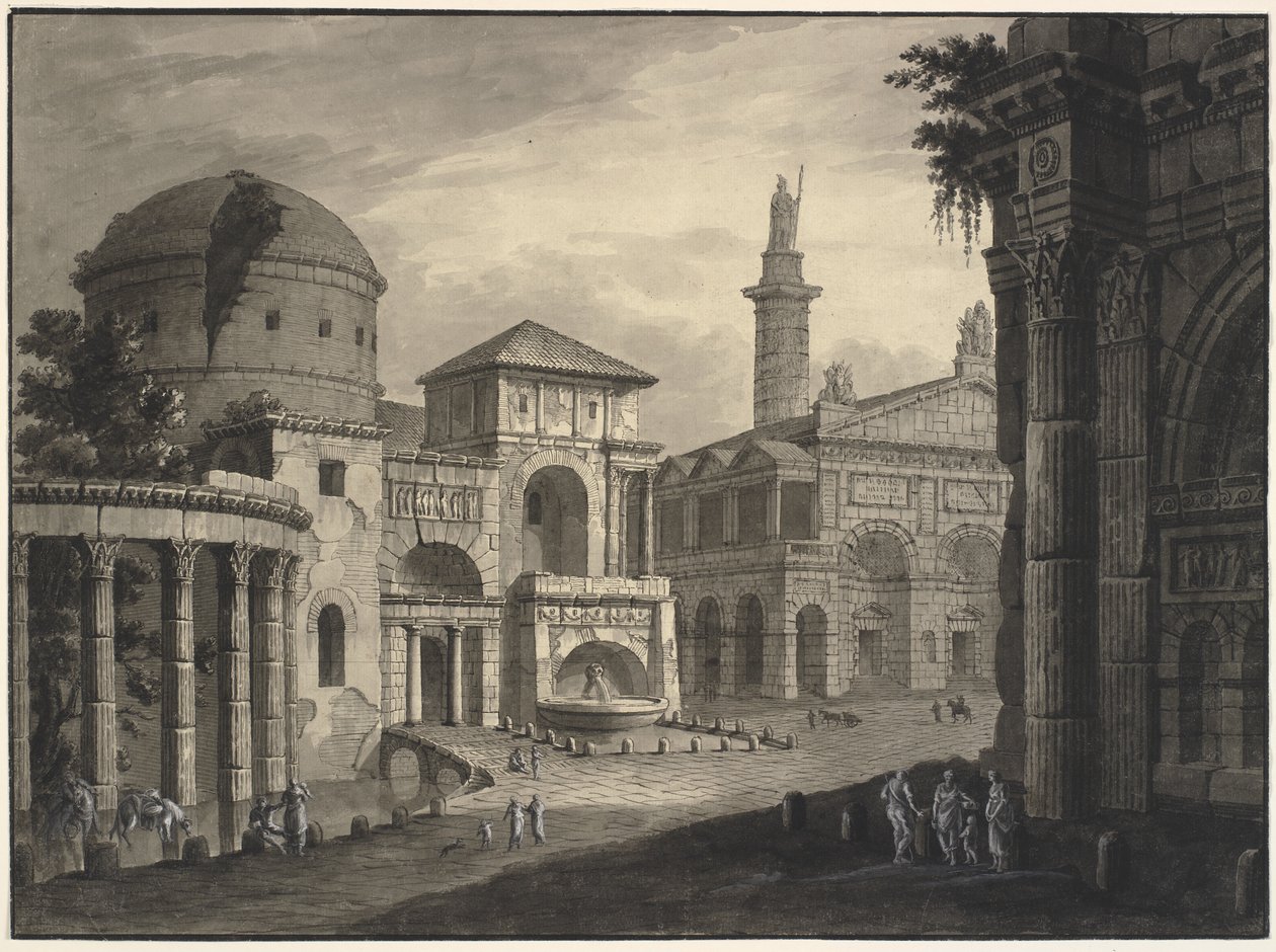 Arkitektonisk fantasi om en gammel by med et torg og mange bygninger, noen delvis i ruiner av Robert Adam