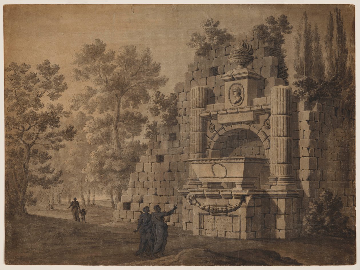 Capriccio med antikke figurer blant klassiske monumentruiner av Robert Adam