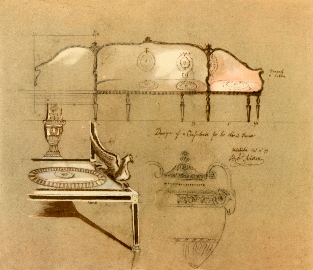 Design for a sofa, 1777, 1946.    1164828   no       norwegian Successfully Translated  Original: Ruïne van de thermen van Caracalla Romeinse ruïnes (serie 2) (series title) Translat: Ruïne van de thermen van Caracalla Romeinse ruïnes (serie 2) (series tit av Robert Adam