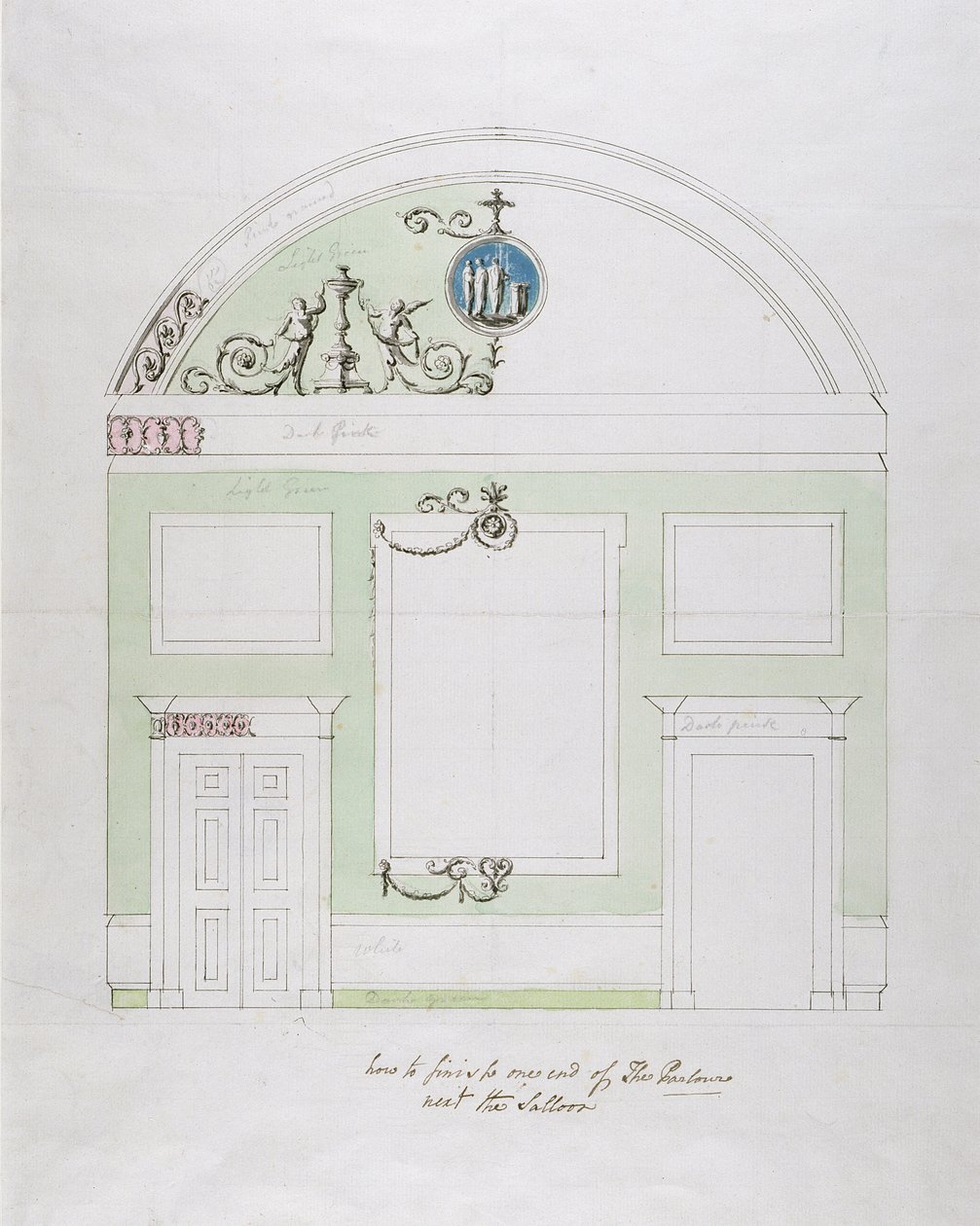 Design for endeveggen til spisestuen, Headfort House (penn og svart blekk over grafitt med wc på lagt papir) av Robert Adam