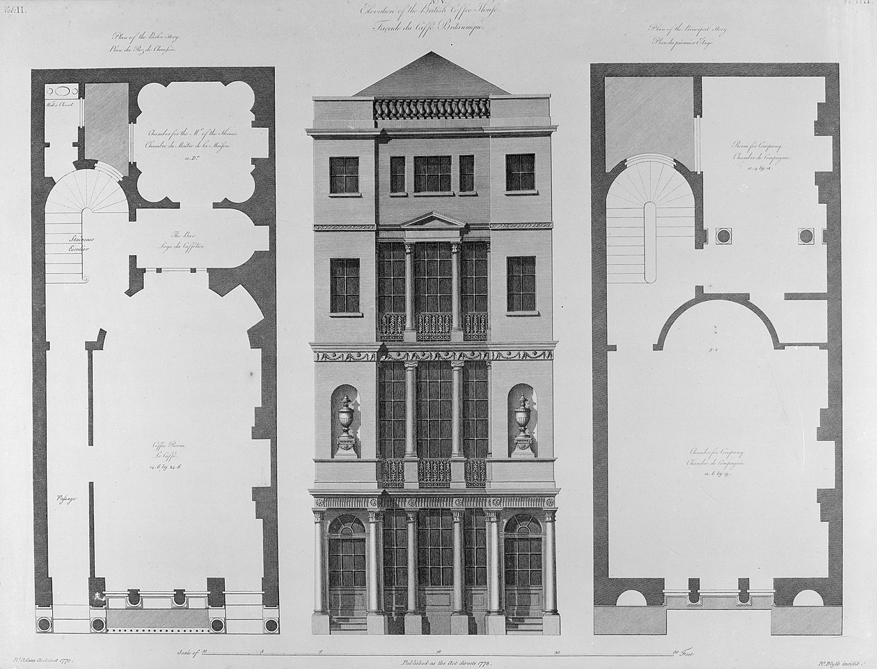 Forhøyning av British Coffee House, gravert av Robert Blyth, 1778 av Robert Adam
