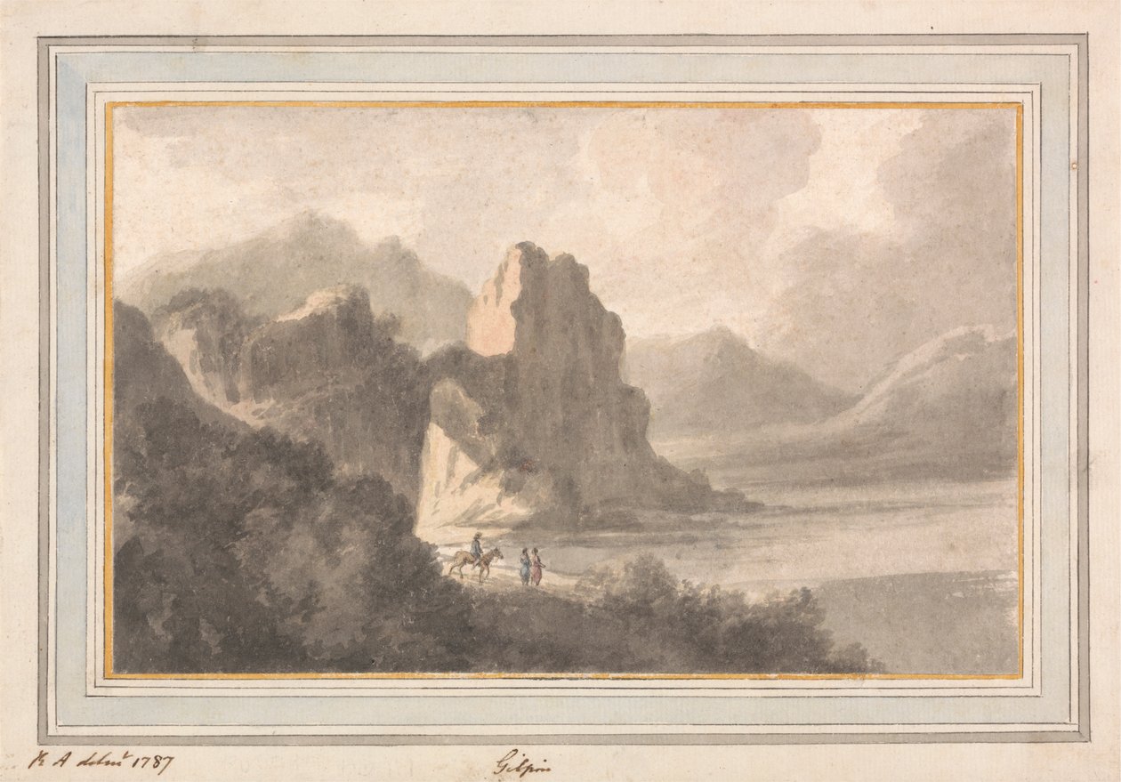 Figurer i et steinete romantisk landskap av Robert Adam