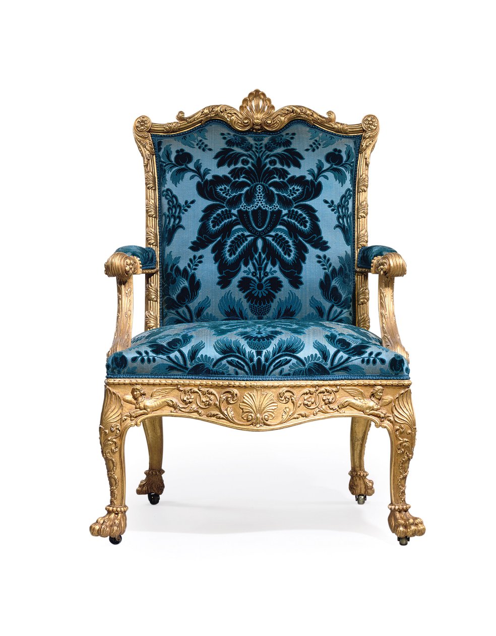 En av et par George III lenestoler i forgylt tre av Robert Adam