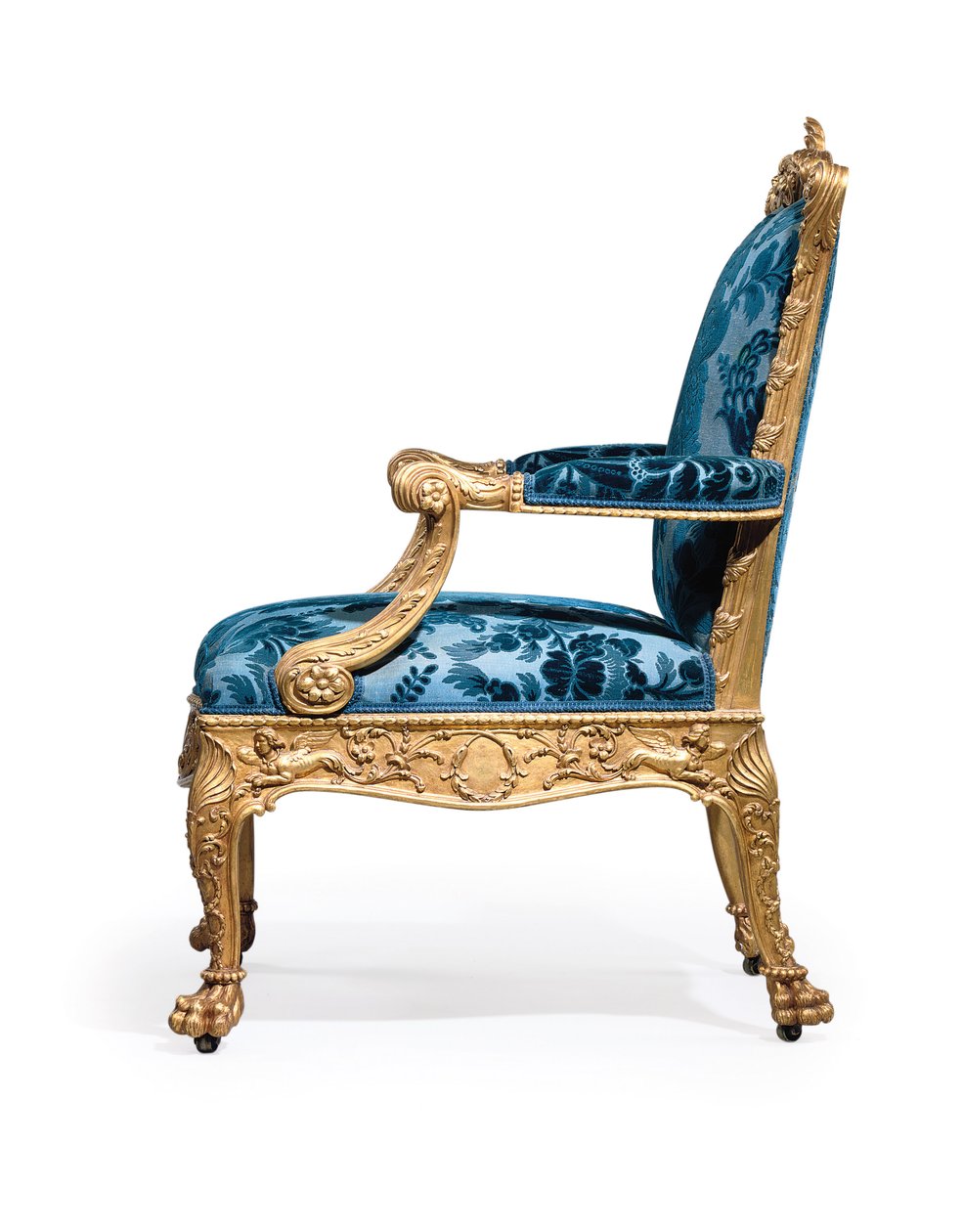 En av et par George III lenestoler i forgylt tre av Robert Adam