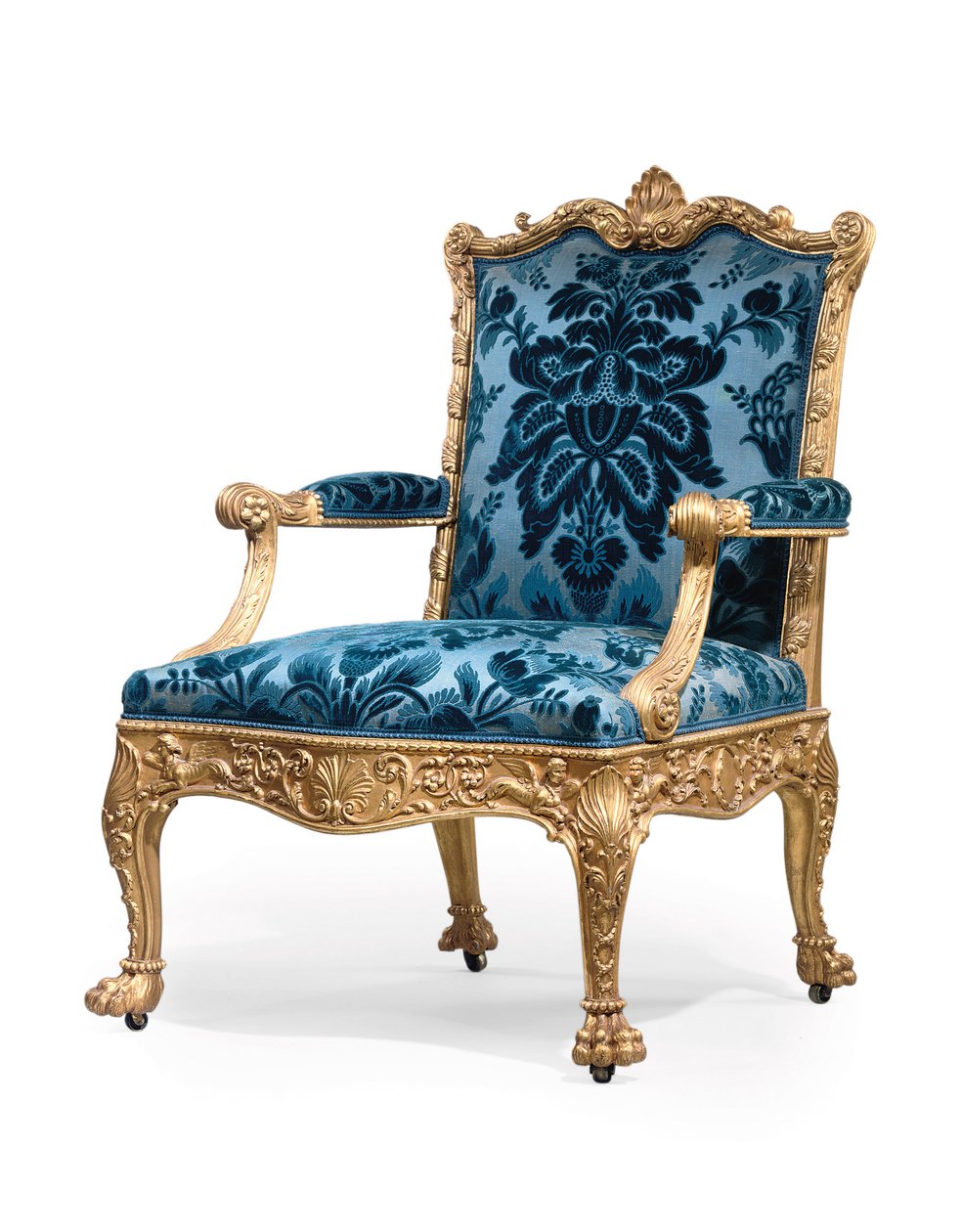 En av et par George III lenestoler i forgylt tre av Robert Adam