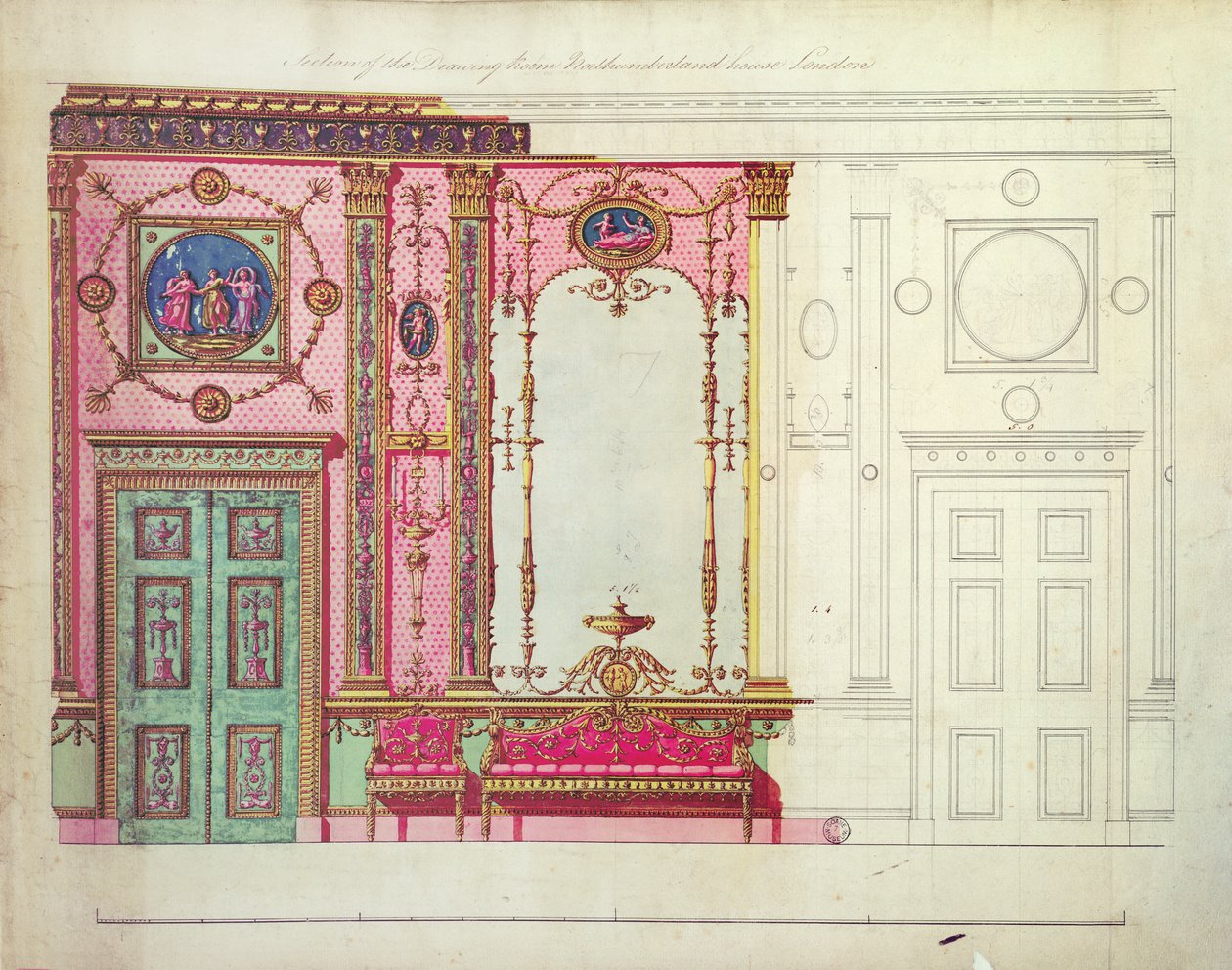 Seksjon av tegnestuen, Northumberland House, London; Design for endevegg, (penn, blekk og wc) av Robert Adam