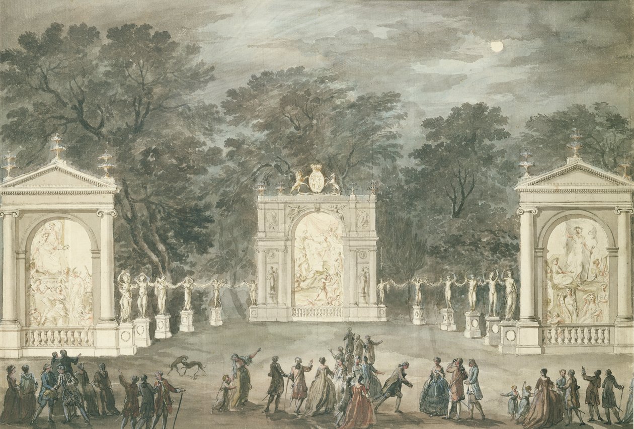 The Illuminations at Buckingham House for kong George IIIs fødselsdag, 4. juni 1783 (penn og blekk og wc på papir) av Robert Adam