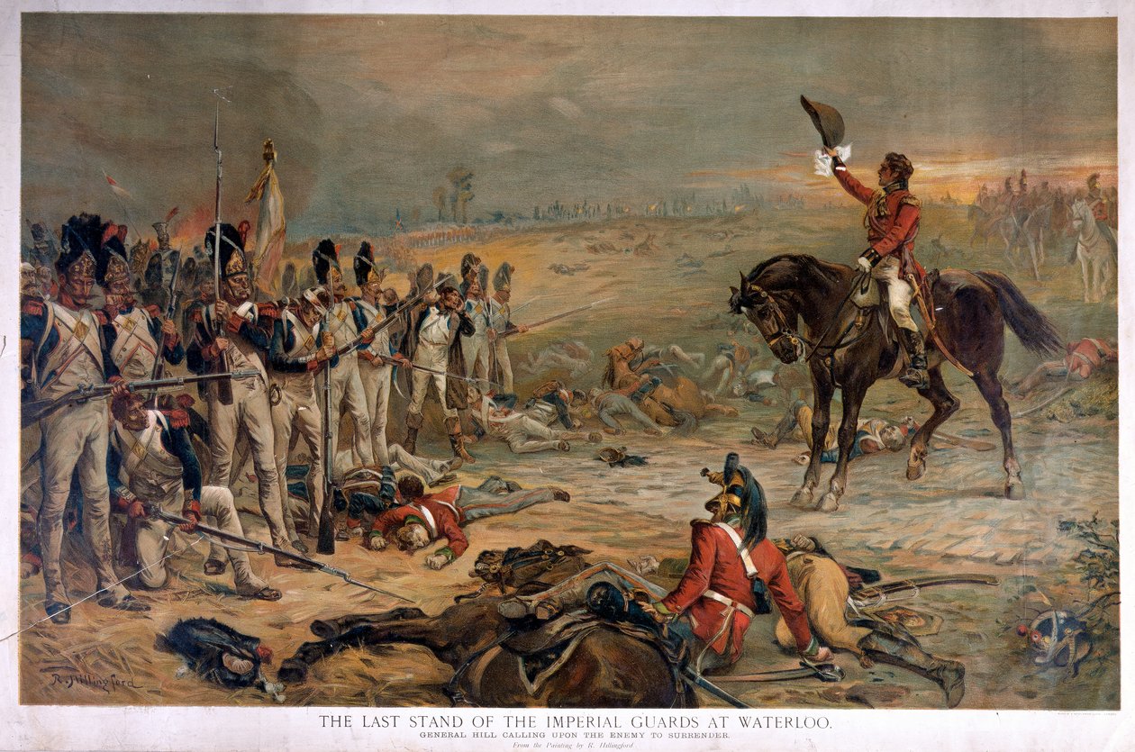 The Last Stand of the Imperial Guards at Waterloo, General Hill som ber fienden om å overgi seg av Robert Alexander Hillingford