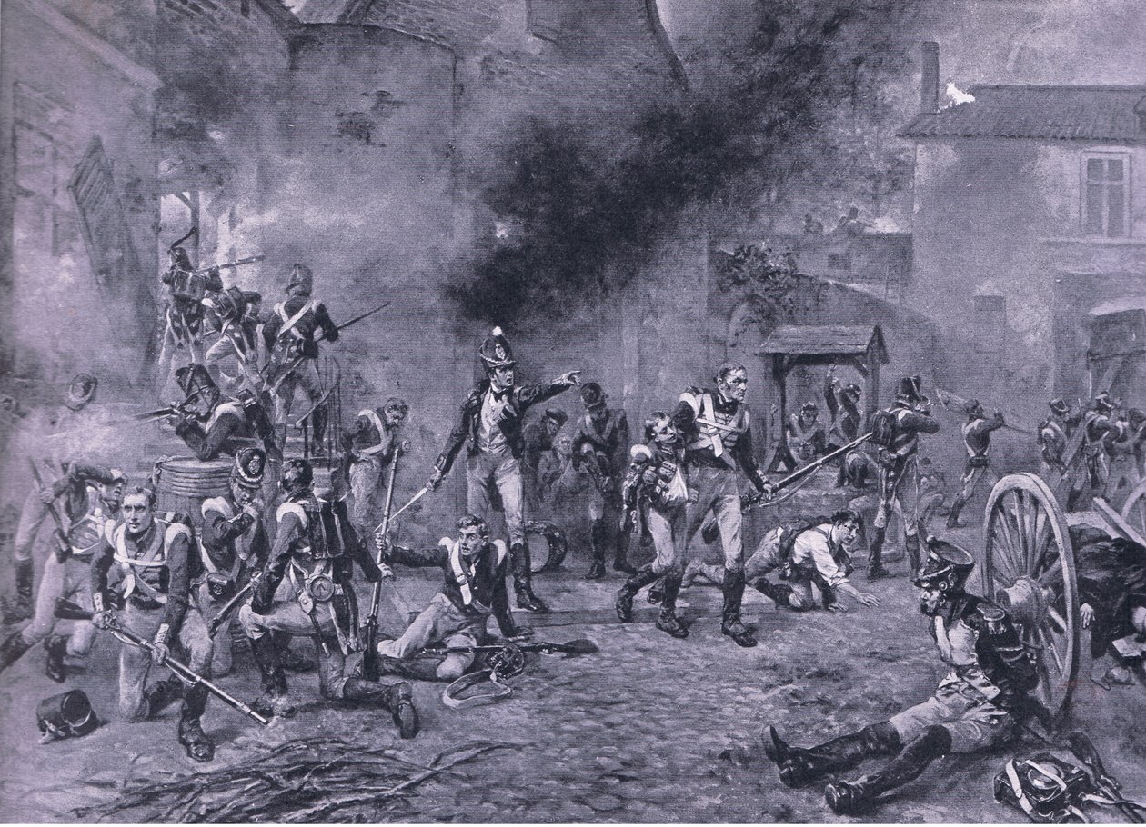 Forsvaret av Hougoumont 18. juni 1815, illustrasjon fra British Battles on Land and Sea, 1915 av Robert Alexander Hillingford