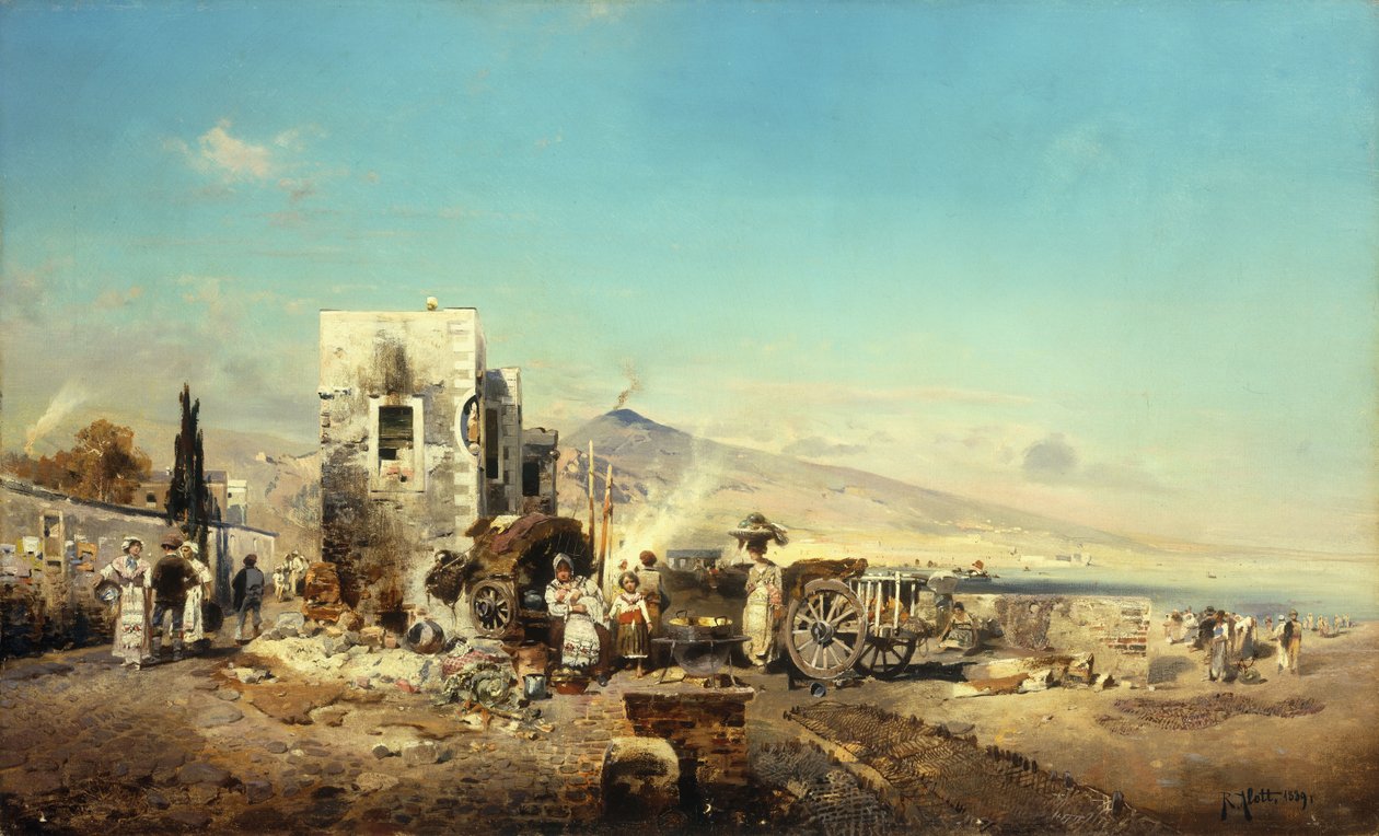 En neopolitansk landsby med Vesuv i det fjerne, 1889 av Robert Alott
