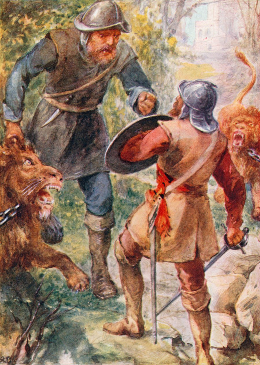 Greatheart angriper kjempen Grim (fargelitografi) av Robert Ambrose (after) Dudley