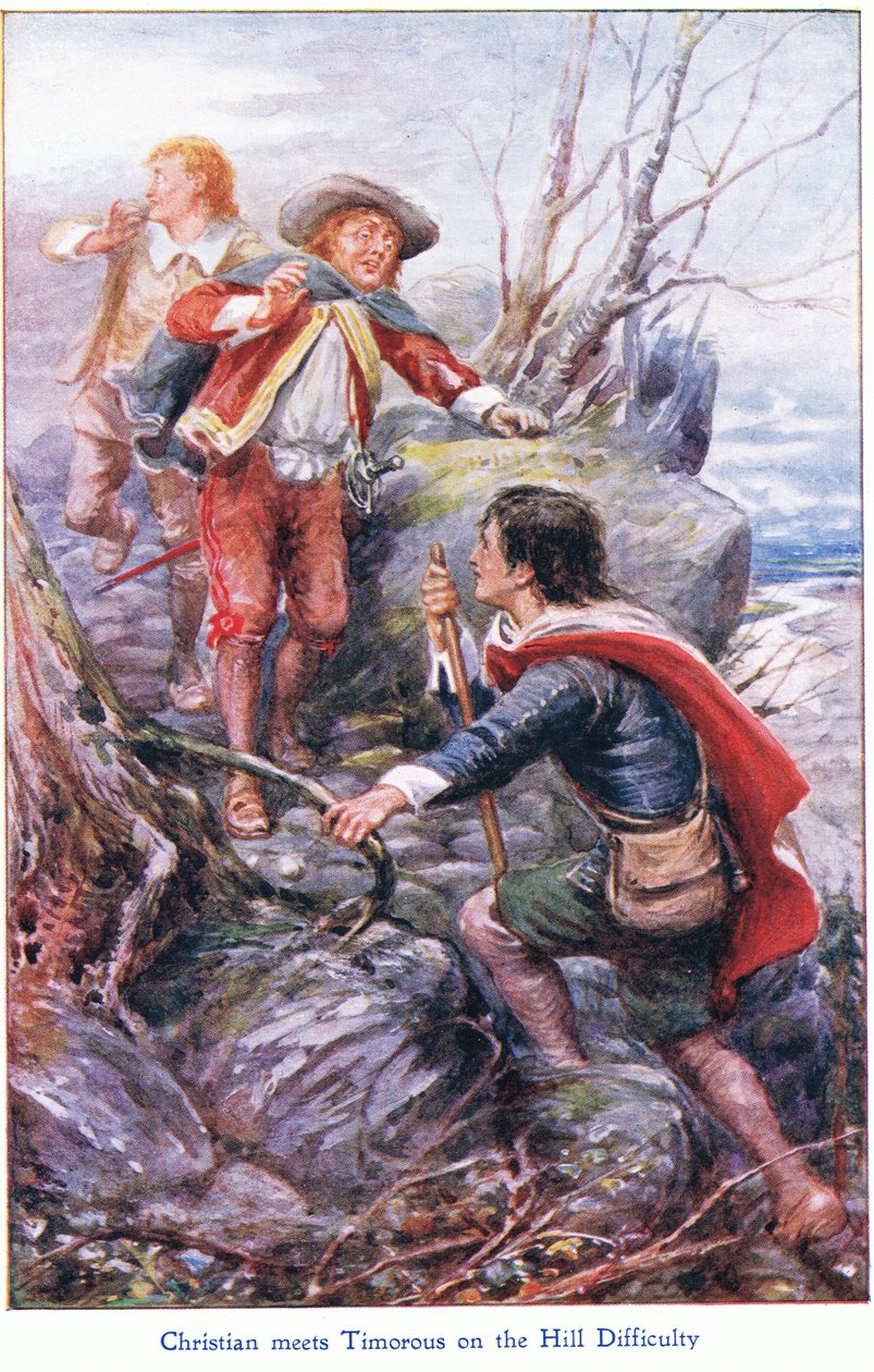 Christian møter Timorous på vanskelighetsbakken, fra The Pilgrims Progress utgitt av John F Shaw & Co, ca. 1900-tallet (farge litho) av Robert Ambrose Dudley