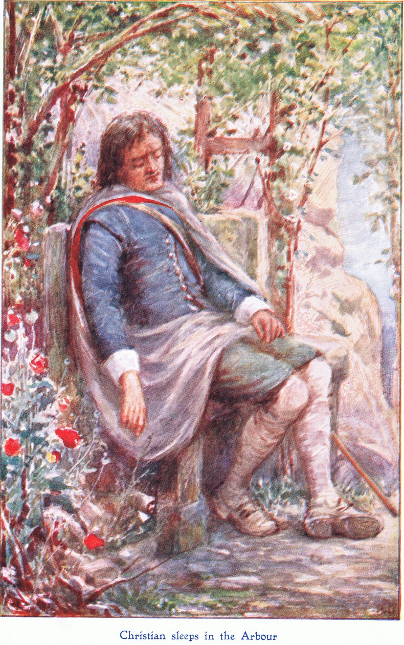 Christian sover i arbour, fra The Pilgrims Progress utgitt av John F Shaw & Co, ca. 1900-tallet (farge litho) av Robert Ambrose Dudley