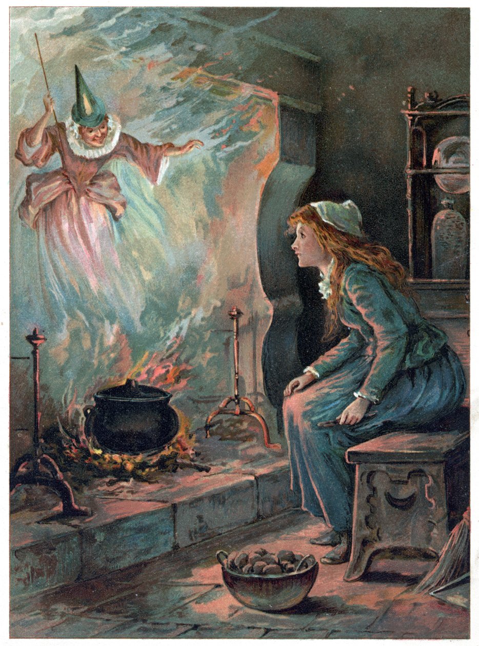 Askepott and the Fairy Godmother, illustrasjon fra 'Once Upon a Time' utgitt av Ernest Mister, ca. 1900 (farge litho) av Robert Ambrose Dudley