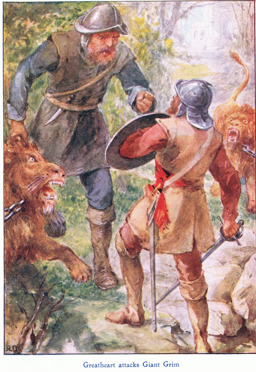 Great Heart Attacks Giant Grim, fra The Pilgrims Progress utgitt av John F Shaw & Co, ca. 1900-tallet (farge litho) av Robert Ambrose Dudley