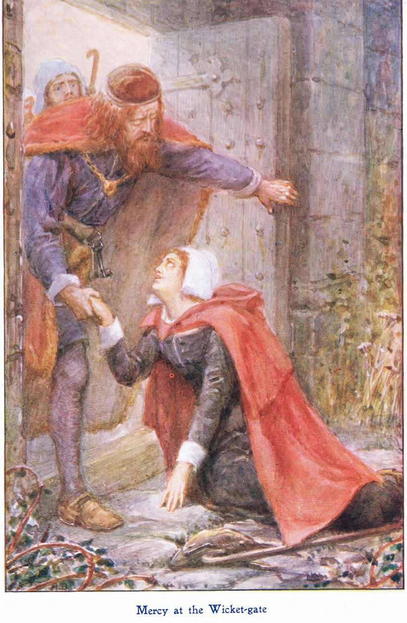 Mercy at the Wicker Gate, fra The Pilgrims Progress utgitt av John F Shaw & Co, ca. 1900-tallet (farge litho) av Robert Ambrose Dudley