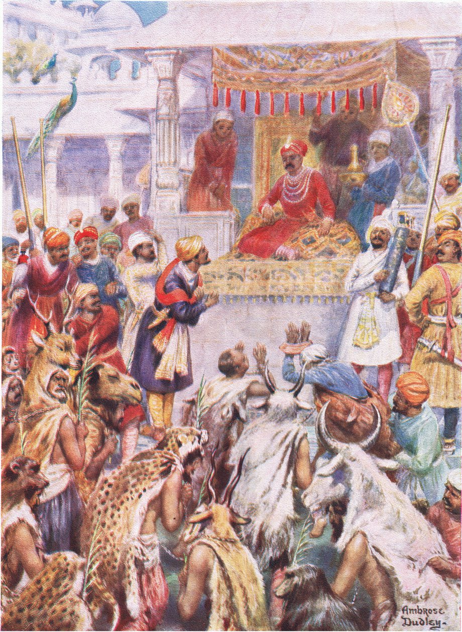 Khan Jahan viser Akbar sine fyrstelige fanger (farge litho) av Robert Ambrose Dudley