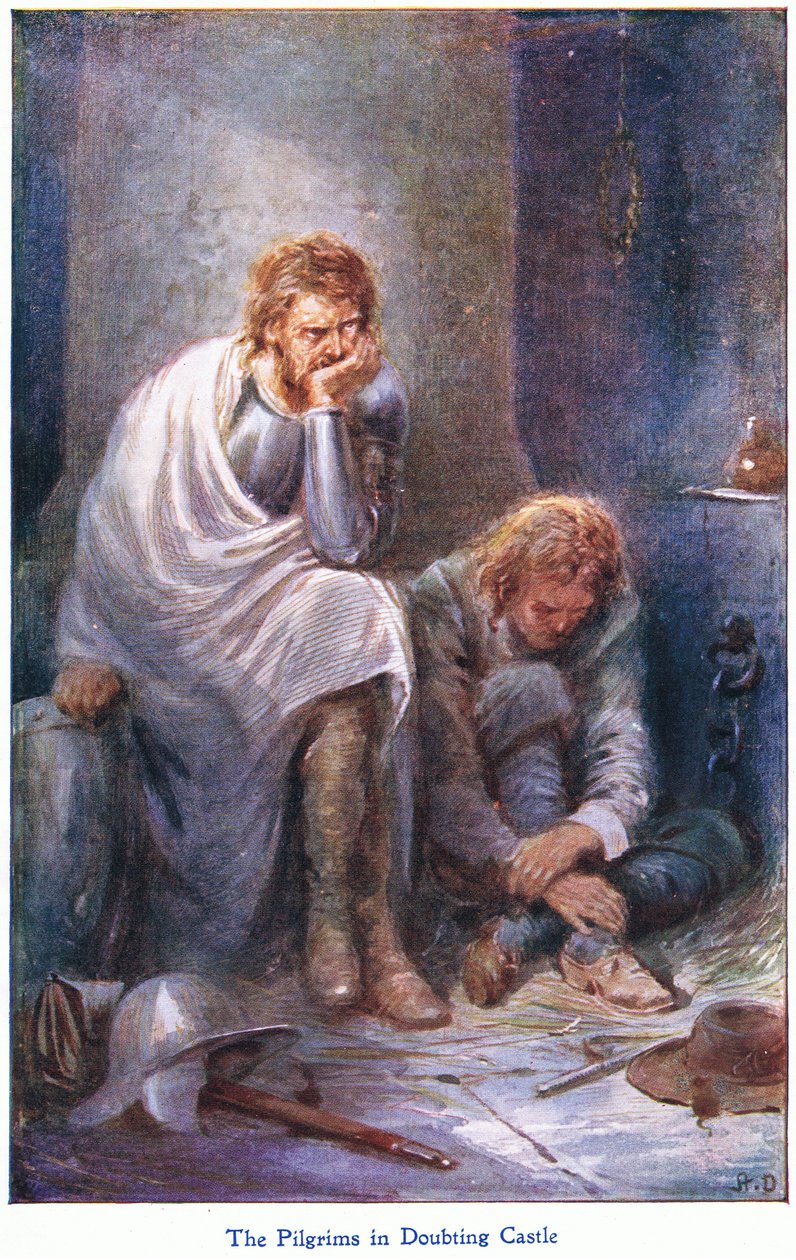 The Pilgrims in Doubting Castle, fra The Pilgrims Progress utgitt av John F Shaw & Co, ca. 1900-tallet (farge litho) av Robert Ambrose Dudley