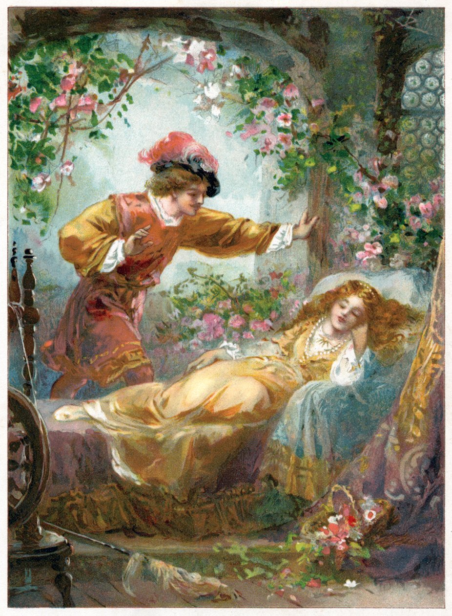 Prinsen finner Tornerose, illustrasjon fra "Once Upon a Time" utgitt av Ernest Mister, ca. 1900 (farge litho) av Robert Ambrose Dudley