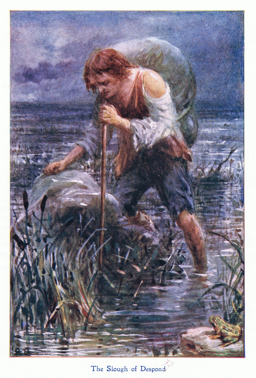 The Slow of Despond, fra The Pilgrims Progress utgitt av John F Shaw & Co, ca. 1900-tallet (farge litho) av Robert Ambrose Dudley